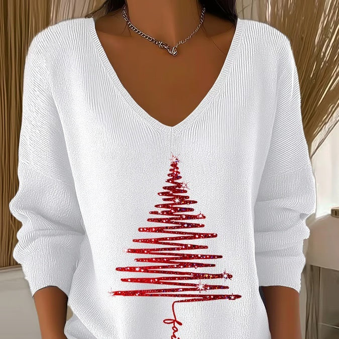3D Printed Women's Fashionable Christmas V-neck Long Sleeve T-shirt