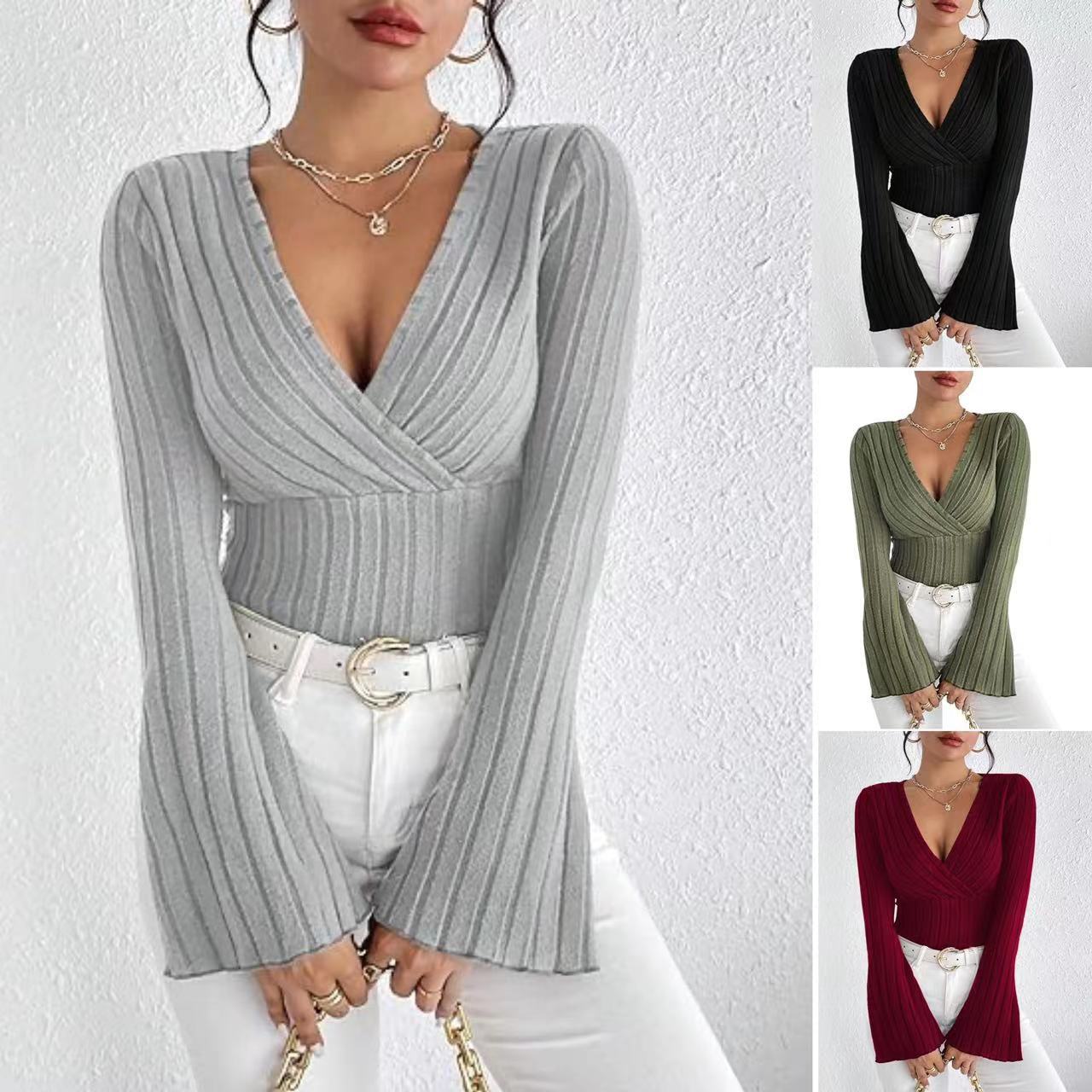 Women's Autumn And Winter Rib Sunken Stripe V-neck Flared Slim-fit Long Sleeve T-shirt Elegant Women's Top