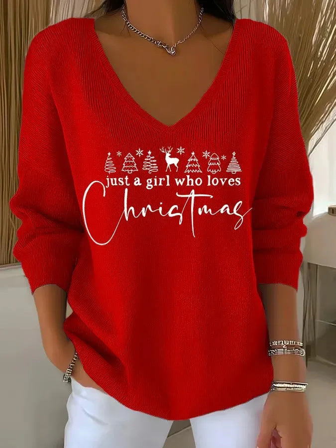 3D Printed Women's Fashionable Christmas V-neck Long Sleeve T-shirt