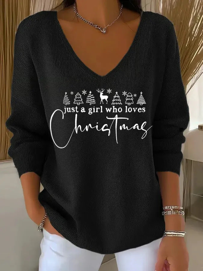 3D Printed Women's Fashionable Christmas V-neck Long Sleeve T-shirt