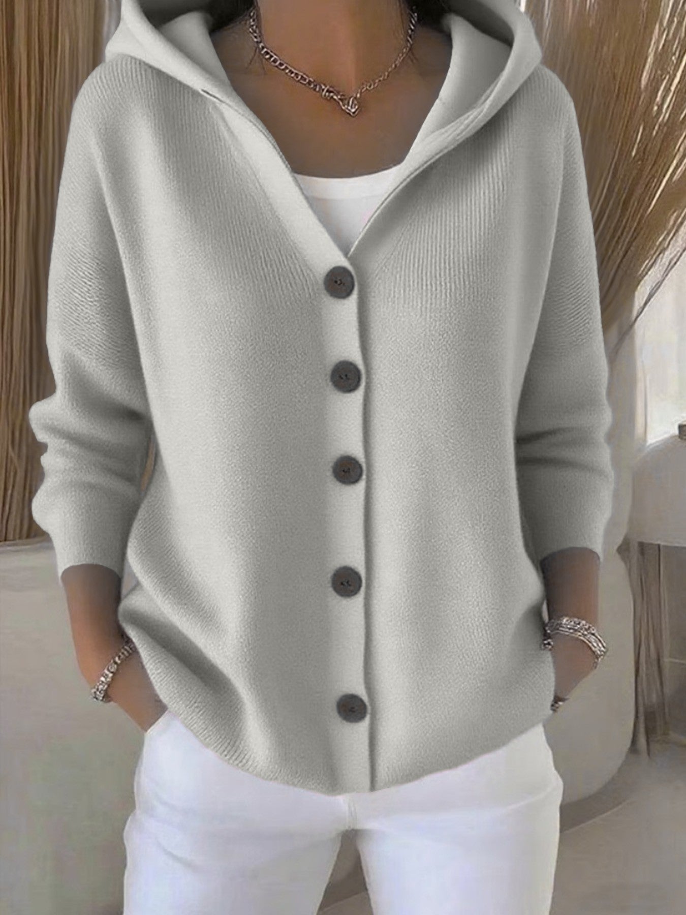Ins Button Hooded Sweater Fashion Autumn And Winter Knitted Cardigan Casual Commuter Long Sleeve Top Women's Clothing