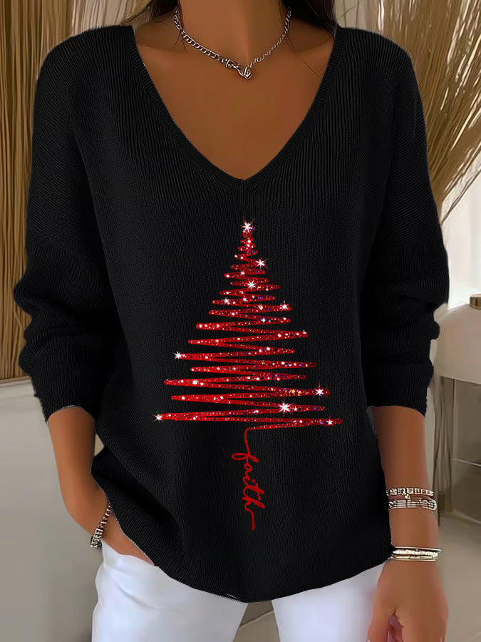 3D Printed Women's Fashionable Christmas V-neck Long Sleeve T-shirt