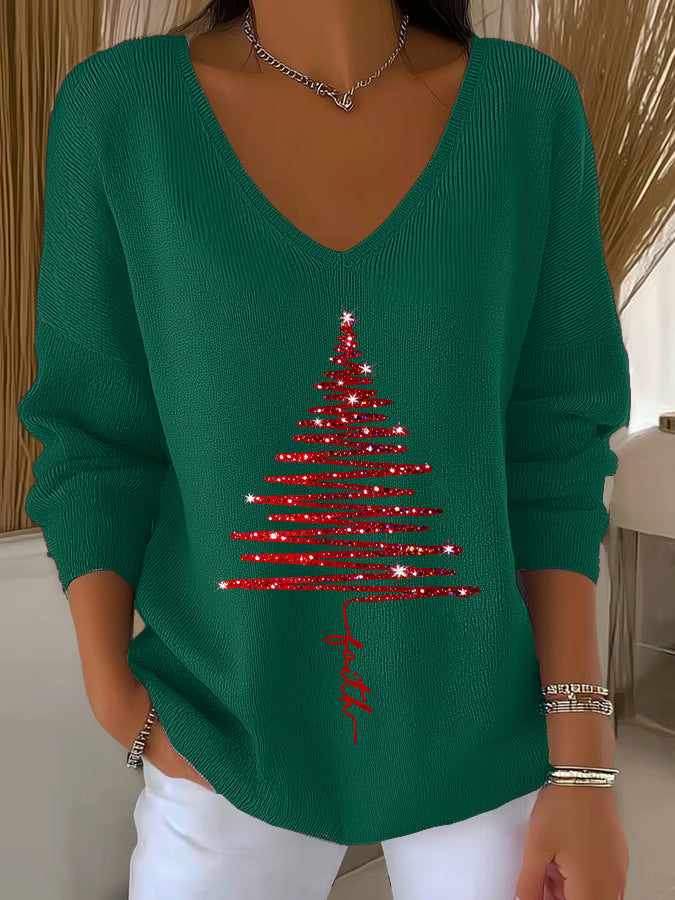3D Printed Women's Fashionable Christmas V-neck Long Sleeve T-shirt